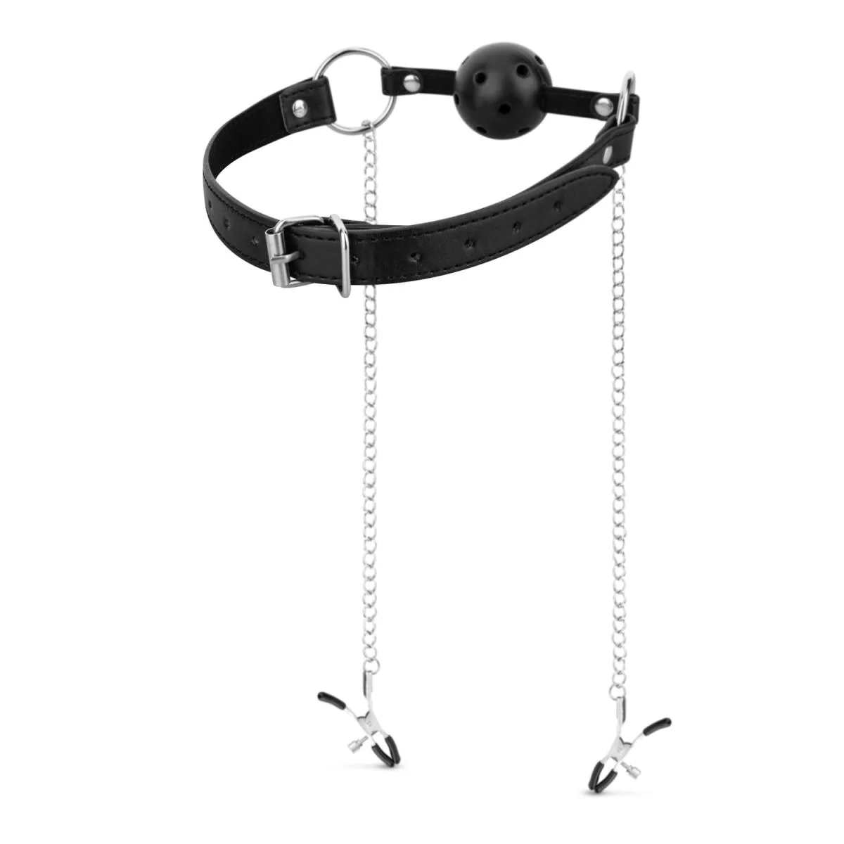 Ballgag med Nipple Clamps Svart - Image 5